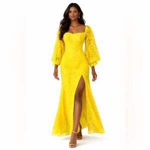 Sequin Yellow Formal Evening Gown With Balloon Sleeves